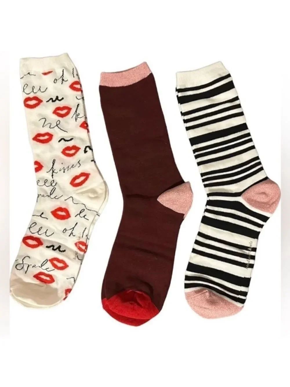 kate spade 3pk White Kisses Burgundy Pink Metallic Black White Stripe Socks